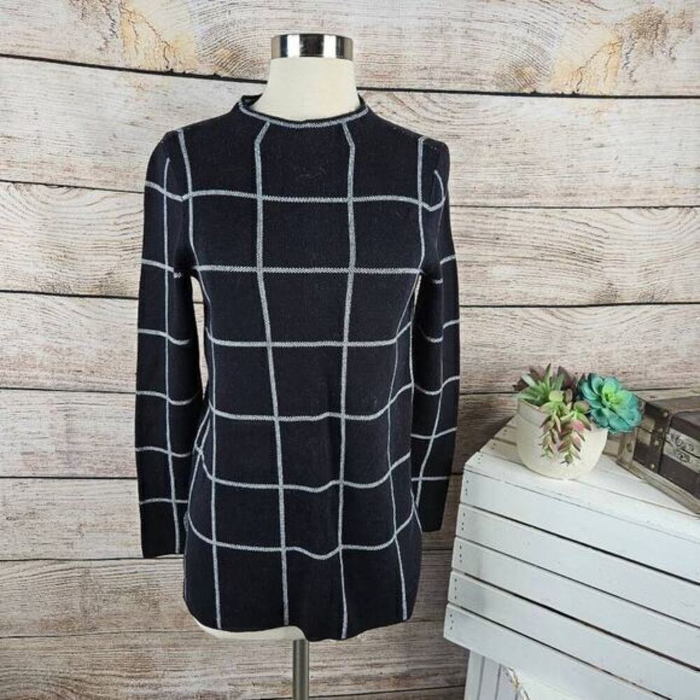 LOFT Women's Windowpane Checked Black White Mock Neck Sweater Size Extra Small